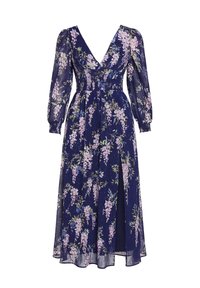 Marineblauwe bloemenjurk met lange pofmouwen, V-hals, bloemenpatroon in paars en groen, split tot aan de knie, lichtgewicht stof.