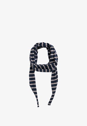 Bufanda a rayas azul marino y beige hecha de tela suave; cuenta con extremos largos para un estilo versátil y una textura suave.