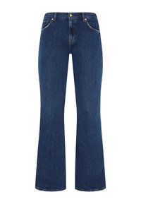 Jeans a zampa d'elefante blu scuro in denim, con cinque tasche, hardware metallico e chiusura classica con cerniera e bottone in vita.