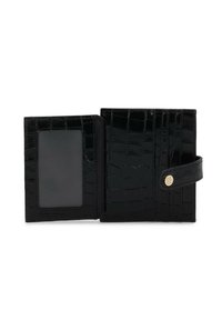 Black crocodile-embossed wallet with a smooth texture, featuring a clear ID slot, snap closure, and multiple card slots on one side.