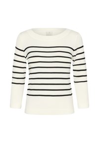 Haut blanc à manches longues avec des rayures horizontales noires. Matière en coton, encolure dégagée, coupe ajustée et ourlet droit.