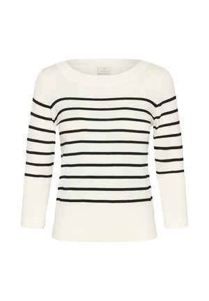 Weißes Langarmshirt mit schwarzen horizontalen Streifen. Aus Baumwollmaterial, mit Rundhalsausschnitt, figurbetontem Schnitt und geradem Saum.