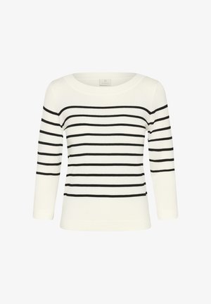 Camiseta blanca de manga larga con rayas horizontales negras. Material de algodón, escote redondeado, diseño ajustado y dobladillo recto.