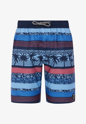 Zwemshorts met blauwe, rode en zwarte horizontale strepen, voorzien van palmbomen en bloemenpatronen; elastische tailleband met trekkoord.