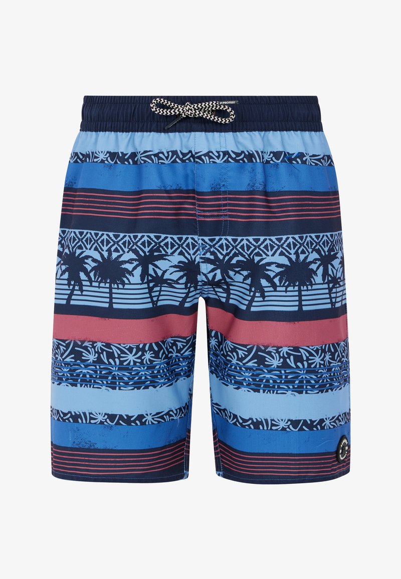 Zwemshorts met blauwe, rode en zwarte horizontale strepen, voorzien van palmbomen en bloemenpatronen; elastische tailleband met trekkoord.