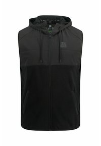 Schwarze ärmellose Kapuzenweste mit einem Reißverschluss auf der Vorderseite, bestehend aus einer Kombination aus glattem Stoff und strukturiertem Fleece, akzentuiert durch ein Logo auf der Brust.