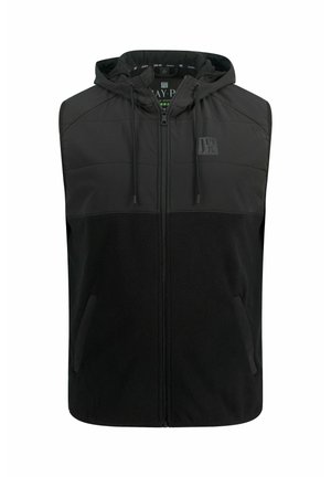 Sort ærmeløs hættetrøje vest med lynlås foran, der har en blanding af glat stof og struktureret fleece, prydet med et logo på brystet.