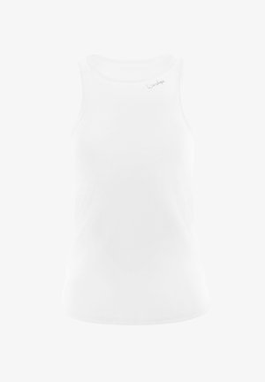 Top senza maniche bianco in tessuto liscio, con scollatura arrotondata e un logo discreto in alto a sinistra. Nessun motivo o accento.