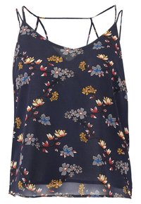 Navy floral camisole with thin straps, featuring colorful flower patterns in red, yellow, and blue on a lightweight, sheer fabric.