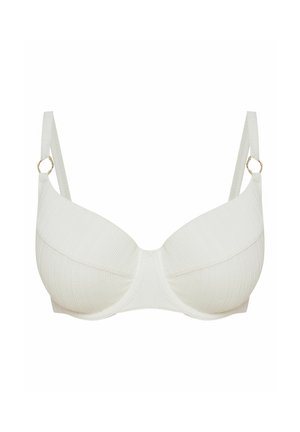 White, textured underwired bra with slim adjustable straps and gold ring accents. Features a smooth finish and rounded shape.