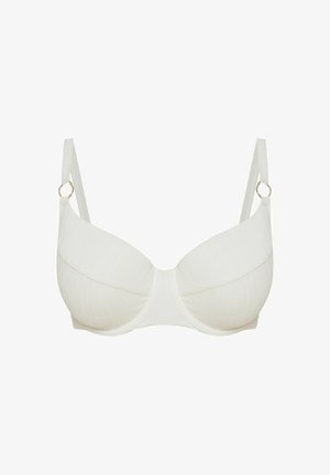 Weißer, strukturierter BH mit Unterdraht, schmalen verstellbaren Trägern und goldenen Ringakzenten. Verfügt über eine glatte Oberfläche und eine runde Form.