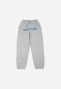 Pelēki sporta bikses, kas izgatavotas no mīkstas auduma, ar elastīgu jostu un piedurknēm, ar zilu uzdrukātu "wasted" logotipu priekšpusē.