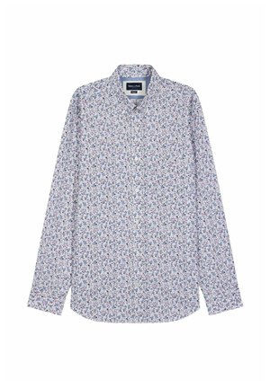 Chemise à manches longues en tissu léger, avec une base blanche ornée de petits motifs floraux bleus et roses. Conception avec col classique.