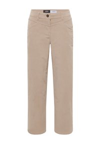 Beżowe spodnie z miękkiego materiału, o prostym kroju, z przednimi kieszeniami i zapięciem na guzik. Delikatna faktura bez wzorów.