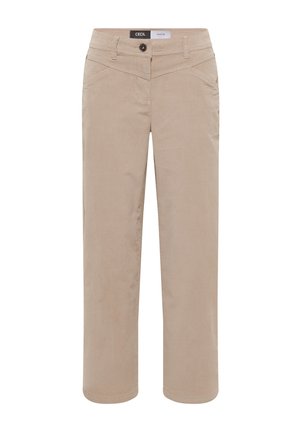 Beige Hose aus weichem Stoff, mit geradem Schnitt, vorderen Taschen und Knopfverschluss. Dezente Struktur ohne Muster.