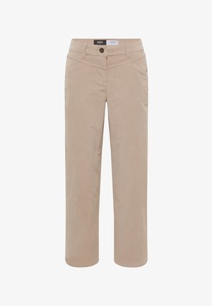 Beige Hose aus weichem Stoff, mit geradem Schnitt, vorderen Taschen und Knopfverschluss. Dezente Struktur ohne Muster.