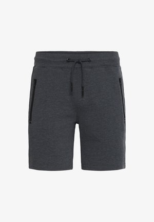 Tamsiai pilki sportiniai šortai, pagaminti iš minkštos medžiagos; jie turi elastinį juosmenį su raišteliu ir užtrauktukus šoninėse kišenėse.