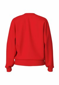 Sudadera de forro polar roja con cuello redondo, dobladillo y puños de canalé, con hombros caídos y una textura suave en la parte posterior lisa.