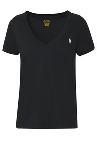 T-shirt noir à col en V et manches courtes avec un petit logo blanc Polo Ralph Lauren sur la poitrine gauche.