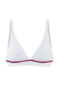 White triangular bikini top with thin straps. Features a decorative band in pink and black along the bottom edge. Smooth fabric texture.
