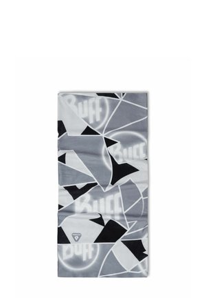 Multifunctional neck gaiter in soft, stretchy fabric featuring a geometric pattern in shades of gray and black with 'Buff' logo accents.