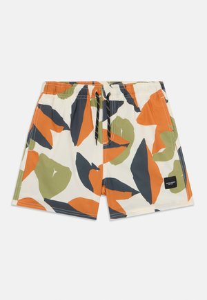 Pantaloni da bagno con un mix di forme arancioni, verdi e blu navale su uno sfondo crema. Vita elastica con coulisse e patch con logo.