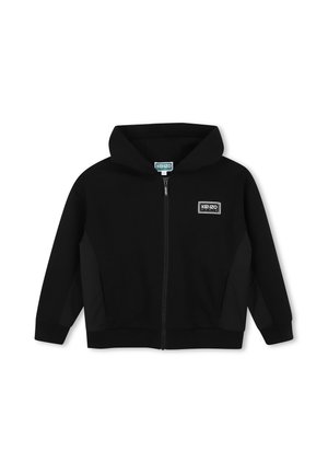 Zwarte rits-hoodie met capuchon, geribbelde manchetten en Kenzo Paris-logo-patch op de linkerborst en label binnenin de kraag.
