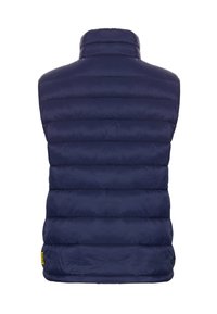 Donkerblauwe gewatteerde vest met een hoge kraag, voorzien van horizontale stiksels en een klein geel logo accent aan de zoom. Gestructureerd, waterafstotend materiaal.