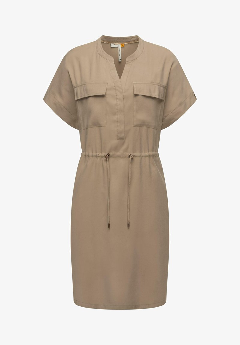 Beige kurzärmeliges Kleid mit V-Ausschnitt, zwei Brusttaschen und verstellbarem Kordelzug in der Taille. Glattes Material mit entspannter Silhouette.