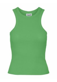 Zelený žebrovaný top na ramínka s přiléhavým střihem, kulatým výstřihem a širokými ramínky. Hladká textura a elastický materiál.