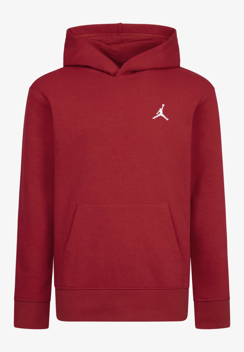 Sudadera con capucha roja, hecha de una mezcla de algodón, con un bolsillo canguro frontal. Presenta un logo de Jordan en blanco en el lado izquierdo del pecho. Puños y dobladillo ajustados.