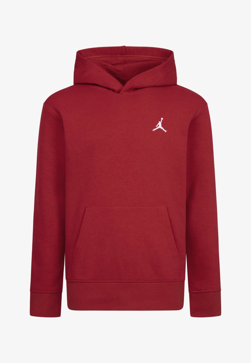 Sudadera con capucha roja, hecha de una mezcla de algodón, con un bolsillo canguro frontal. Presenta un logo de Jordan en blanco en el lado izquierdo del pecho. Puños y dobladillo ajustados.
