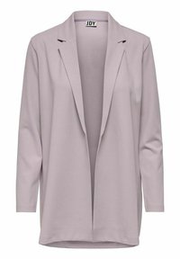 Blazer lilla con maniche lunghe, apertura frontale e colletto a revers. Tessuto morbido, vestibilità rilassata, senza chiusure e orlo dritto.