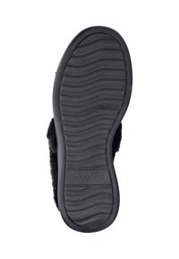 Zwarte rubberen buitenzool met gestructureerde golfpatronen en het merknaam "Skechers" embossed. Zacht zwart vachtachtig materiaal langs de randen.