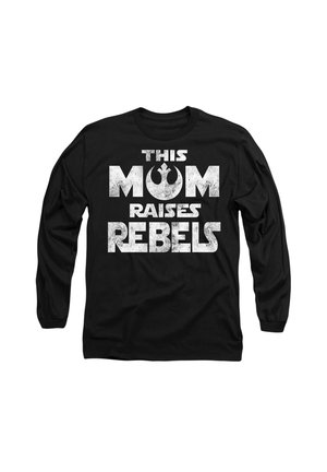 Schwarzes Langarmshirt mit fettem weißen Text, der "DIESE MOM ERZIEHT REBELLEN" lautet, und einem Rebellen-Symbol darüber. Aus Baumwoll-Mischgewebe.