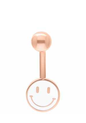 Bauchnabelring aus Roségold mit einem weißen, kreisförmigen Anhänger, der ein einfaches, erhabenes Smiley-Gesicht zeigt.