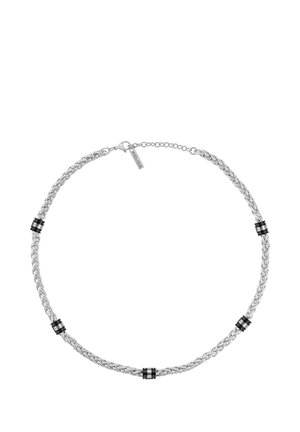 Silver chain necklace with five black and silver cylindrical beads evenly spaced, featuring a lobster clasp and small tag labeled "POLICE."