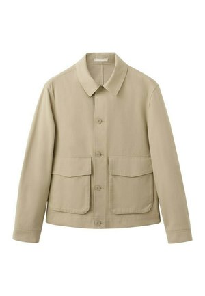 Beige button-up jacket with a collar and two large front pockets with flaps, displayed on a white background.