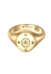 Goldfarbener Siegelring mit runder Fläche und Kompassdesign, versehen mit den Himmelsrichtungen N, S, O, W, aus 925er Silber gefertigt.