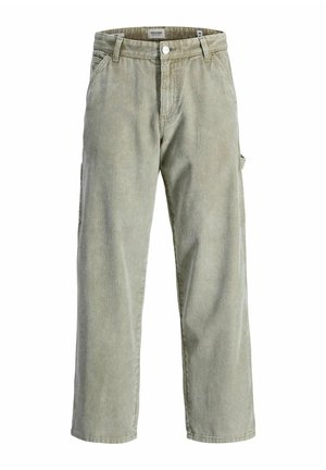 Lysegrønne kordfløyelsbukser med vertikale striper, rette ben, fremre lommer og en sidelomme med klaff. Tilpasset midjebånd med knappelukking.