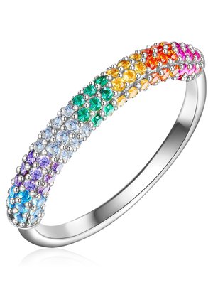 Silberarmband mit gewelltem Design, verziert mit mehrfarbigen Edelsteinen im Verlaufs-Muster, die runde und ovale Schliffe aufweisen.