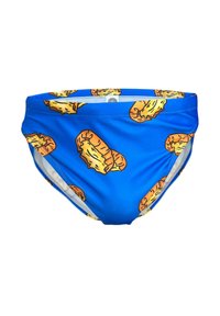Caleçons de bain bleus ornés d'un motif répétitif de croissants orange et jaune. Le matériau semble extensible avec une texture lisse.