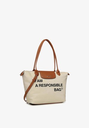 Bolso tote beige y marrón con dos asas, correa de hombro ajustable y texto "SOY UN BOLSO RESPONSABLE" impreso en el frente.