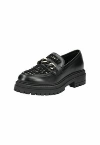 Sorte loafersko med en tekstureret stofoverdel, chunky gummisål og sølvkæde detaljer hen over vamps.