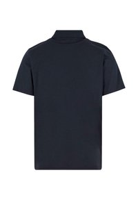 Námornícky modrá polokošeľa s krátkym rukávom z bavlny, s textúrovaným golierom a hladkým povrchom, navrhnutá s minimalistickým zadným dielom.