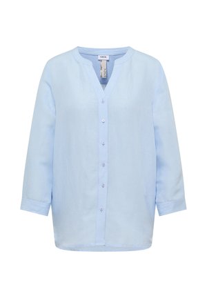 Lyseblå hørbluse med lange ærmer, ståkrave, knapper foran og løs pasform.