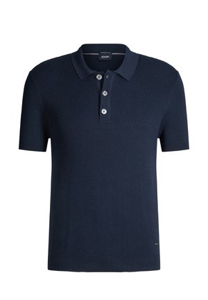 Polo in maglia blu navy con design a coste testurizzato, abbottonatura a tre bottoni e sottile logo vicino all'orlo. Maniche corte.