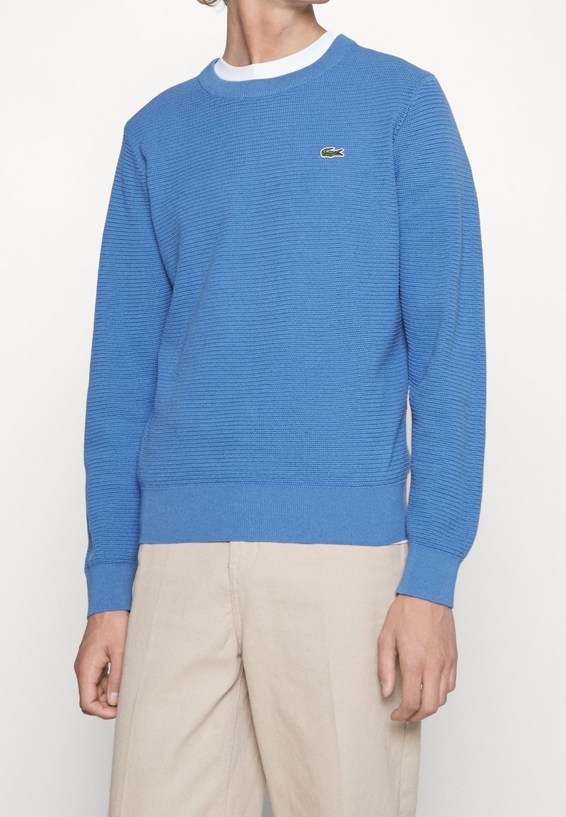 Personne portant un pull bleu à manches longues texturé avec un petit logo crocodile vert, associé à un pantalon beige.
