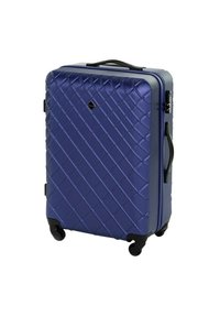 Maleta rígida de color azul oscuro con textura de patrón diamante, que cuenta con un asa superior, ruedas dobles y un detalle de logo distintivo.