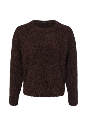 Maglione peloso marrone scuro a manica lunga con scollo rotondo e vestibilità rilassata, mostrato su sfondo bianco.